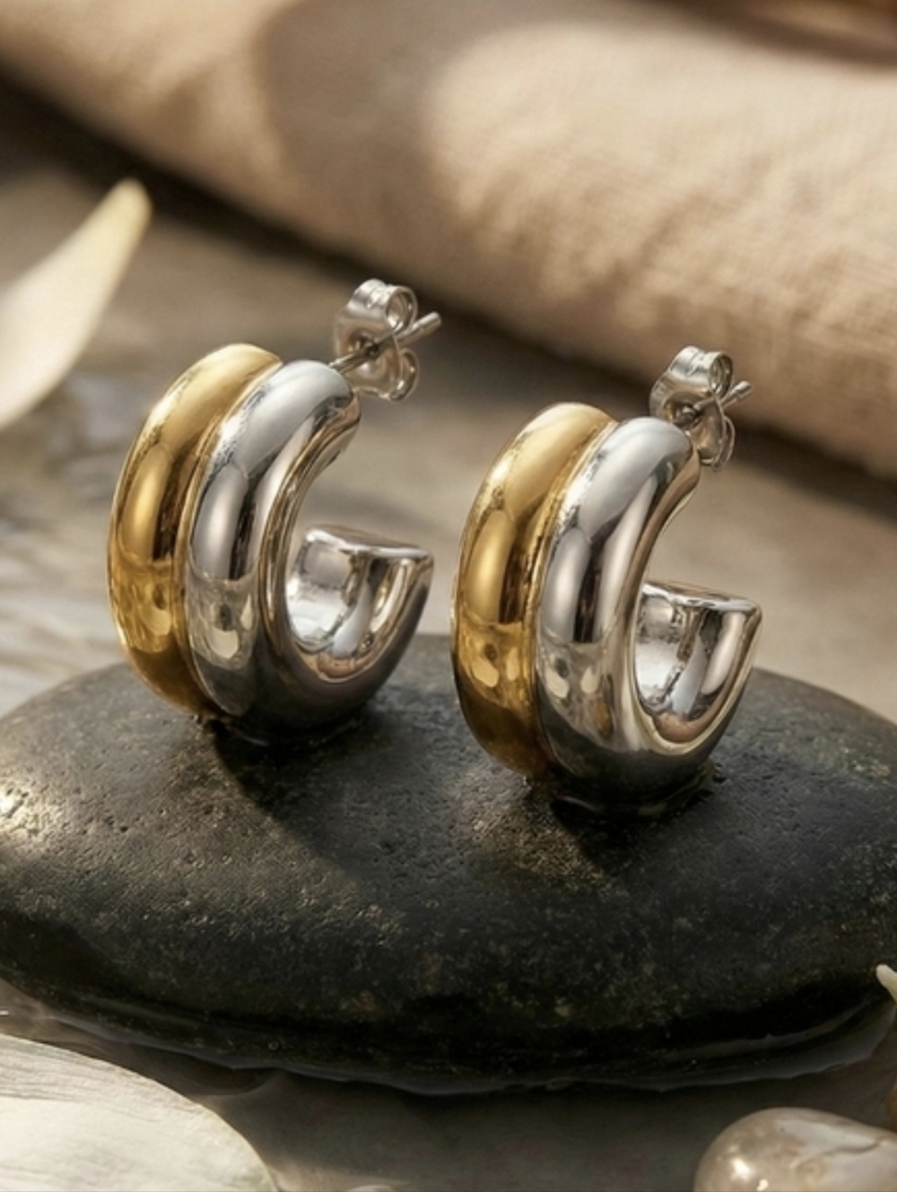 18K Gold Plated Two Tone Chunky Hoops Mixed Metal Stainless Steel Modern Earring
